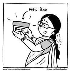 a cartoon drawing of a woman holding a new box