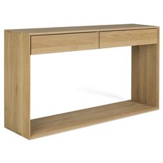 a wooden console table with two drawers on one side and an open shelf at the top