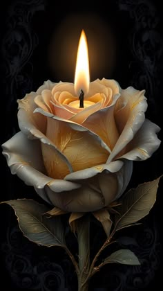 a white rose with a lit candle in the middle