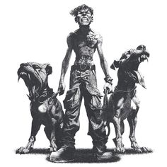 a drawing of a man standing next to two dogs