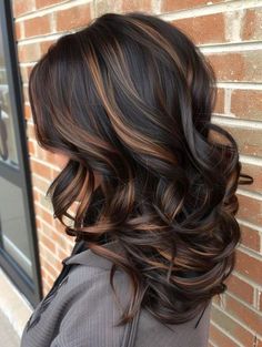 Dark Brown Black Balayage Hair, Blond Brown Highlights On Black Hair, Black Hair And Highlights Ideas, What Color Highlights For Black Hair, Bronze Highlights On Black Hair, Thick Highlights Black Hair, Black Hair Brown Peekaboo, Black Skin Hair Color Ideas, Caramel And Black Hair