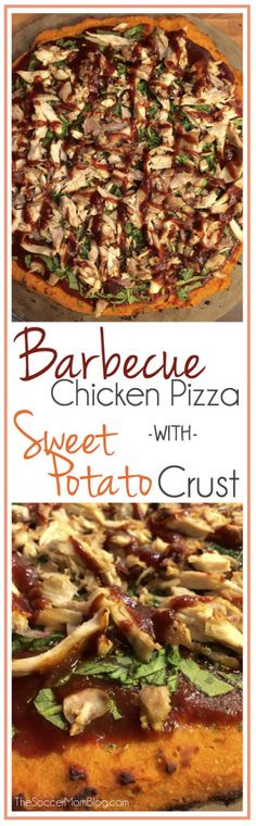 barbecue chicken pizza with sweet potato crust is shown in two different pictures and has the same topping on top