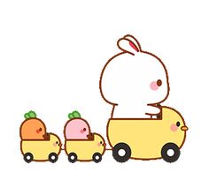 an animal riding on a toy car with carrots in the back, and another bunny behind it