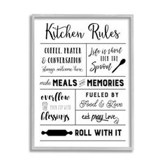 a kitchen rules poster hanging on the wall above a white framed frame with black lettering