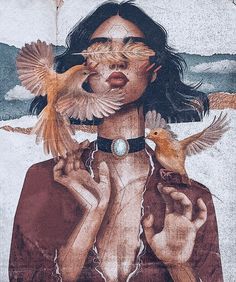 a painting of a woman with birds on her shoulder and hands in front of her face