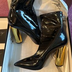 Giuseppe Zanotti Patent Leather Sock Boots Comes In Original Box With Dust Bag Minor Scratches On Heels Leather Sock Boots, Zanotti Shoes, Giuseppe Zanotti Shoes, Sock Boots, Giuseppe Zanotti, Shoes Women Heels, Patent Leather, Original Box, Dust Bag