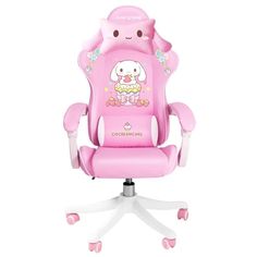 a pink office chair with hello kitty on the back and arms, sitting in front of a white background