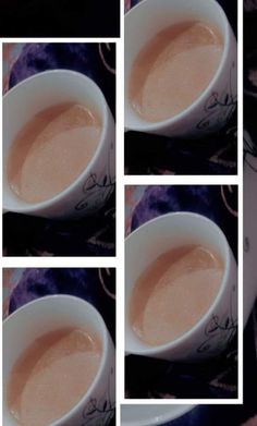 four pictures of coffee being stirred in a white cup with sugar on top and bottom