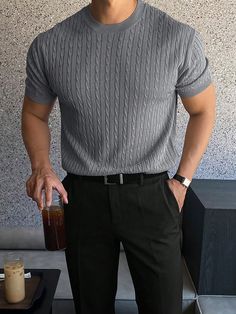 Men's Summer Round-Neck Short Sleeve Casual Knit Top Dark Grey Casual  Short Sleeve Fabric Plain  Slight Stretch  Men Clothing, size features are:Bust: ,Length: ,Sleeve Length: Sophisticated Office, Streetwear Shorts, Men Stylish Dress