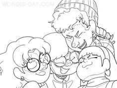 an adult and two children are hugging each other in the middle of a coloring page