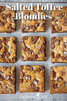 salted toffee blondies on a baking sheet with text overlay that reads salted toffee blondies