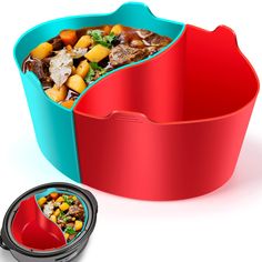 a red and blue container with food in it next to a black bowl on the ground