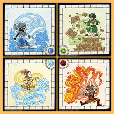 four different colored tile designs with an image of a man on a boat and a woman in