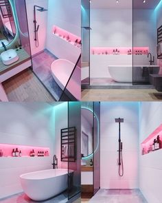 this bathroom has pink lighting on the walls and floor, along with a white bathtub