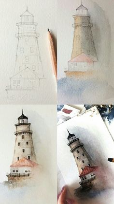 four different drawings of lighthouses in various stages of being drawn by someone's hand