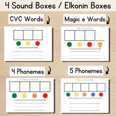 four sound boxes / elkonn boxes for cvc words, music e words and phonemes