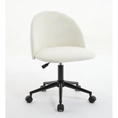 an office chair with wheels and a white upholstered fabric seat, viewed from the front