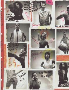 a collage of photos with women and men in different poses, all written on paper