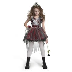 PRICES MAY VARY. SUPER VALUE PACK: This Dark Prom Queen Costume includes 1 Dress, 1 Sash, 1 Corsage, 1 Tiara, 1 Belt and 1 Skirt Train Layer. The Elaborately Patterned Dress with Tulle and Stylish accessories will make your children to be proclaimed Queen of the Night. PREMIUM QUALITY: Made of 100% Polyester Material, it is comfortable to wear, No Odor, Non-Toxic, Safety Test Approved. SPECIAL OCCASIONS: Ideal for Halloween Dress-Ups, Halloween Costume Parties, Trick or Treat/Christmas/New Year/ Zombie Princess Costume, Prom Queen Costume, Zombie Themed Party, Zombie Prom Queen, Zombie Prom Queen Costume, Queen Halloween Costumes, Goth Prom, Zombie Prom, Onesie Costumes