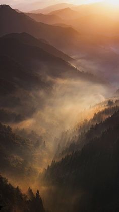 the sun is shining through the fog in the mountains and valleys, with trees on both sides