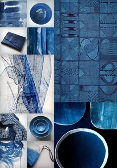 blue and black collage with various items in it