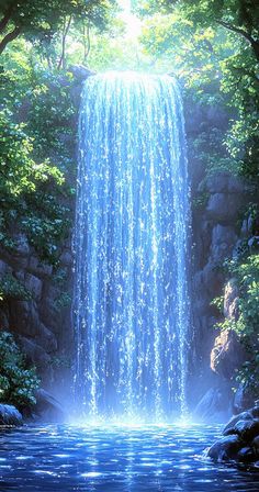 a waterfall with blue water surrounded by trees