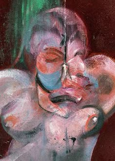 an abstract painting of a woman's face with her hands on her chest and eyes closed