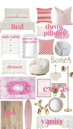 a collage of pink and white furniture with the words, bed, throw pillow, mirror on the wall