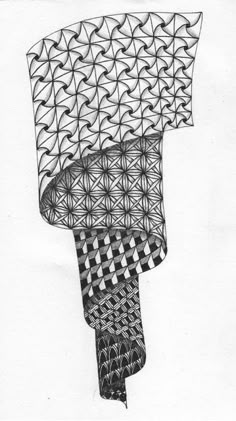 a drawing of an umbrella made out of black and white paper with geometric designs on it