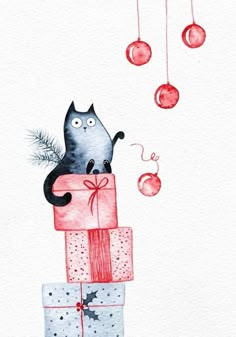 a watercolor painting of a black cat holding a christmas present with baubles hanging from it