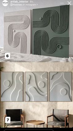 three panels with different designs on them, one in grey and the other in white