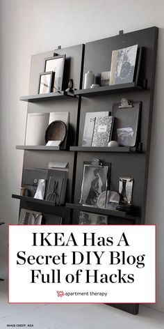 there is a shelf with pictures on it and the words ikea has a secret diy blog full of hacks