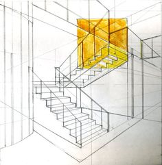 a drawing of a staircase with yellow boxes on it