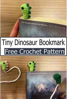 the tiny dinosaur bookmark is made out of crochet and sits on top of a