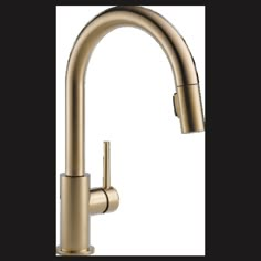 a brass colored kitchen faucet with an angled spout and pull out sprayer