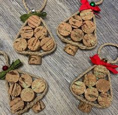 three ornaments made out of wine corks