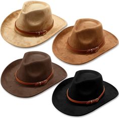 PRICES MAY VARY. Package Contents: you will receive 4 pieces of wide brim hats for women in black, coffee, beige, khaki, enough to meet your daily use and replacement needs, you can choose your favorite color according to your outfit Quality Material: western cowgirl hats are made of quality cotton, polyester material, reliable and comfortable, durable and reusable, can withstand different weather conditions and ensure good durability and comfort, which can support you for a long time Proper Siz Western Hats For Women, Cowgirl Hats Western, Cowgirl Bachelorette Parties, Cowboy Costume, Cowgirl Bachelorette, Cowboy Gear, Outdoor Hats, Felt Cowboy Hats, Nashville Bachelorette