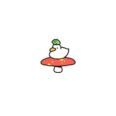 a white bird sitting on top of a red mushroom with a green hat on it's head