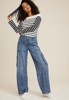 m jeans by maurices™ High Rise Cargo Wide Leg Jean | maurices Wide Leg Cargo Jeans, Big Calves, 2024 Christmas, M Jeans, Cargo Jeans, Colored Jeans, Jeans Shop, Leg Jeans, Wide Leg