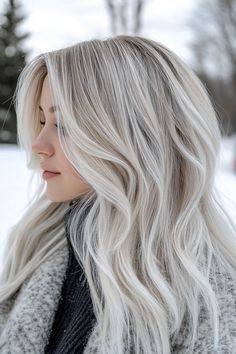 Winter Wonderlocks: 21 Stunning Hair Color Trends to Try This Season Shades Of Silver Hair Color, Fall And Winter Blonde Hair, White Blending Hair, Light Blonde Balayage Hair, Coloured Blonde Hair, Ash White Blonde Hair, White Hair Lowlights, Platinum Lowlights, Cool Winter Blonde Hair