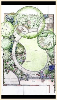 a garden design with lots of trees and plants in it, including an area for seating