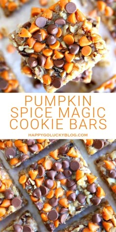 pumpkin spice magic cookie bars with chocolate chips on top