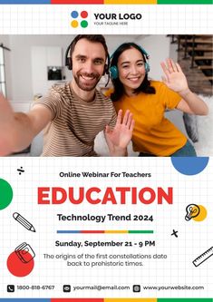 a flyer for an online webinar for teachers technology trend 2024 with a man and woman in headphones