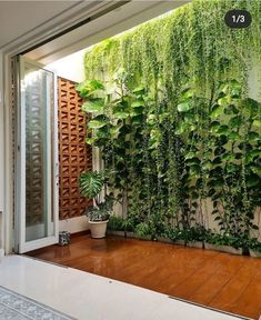 a living room with plants on the wall and wood flooring in front of it