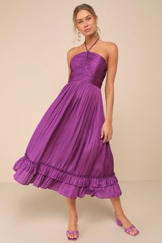 The Lulus Pleasing Chicness Purple Satin Halter Tiered Midi Dress is perfectly capable of making you the best-dressed guest for any special occasion! This lovely dress has a sleek woven satin construction that shapes a flattering ruched bodice with a sleeveless design and an intricate braided strap that flows into a tying halter neck. The fitted waist tops a flowy, pleated A-line skirt that cascades down to a tiered, ruffled midi hem. Hidden back zipper/clasp. Fit: This garment fits true to size Bright Purple Dress, Midi Homecoming Dresses, Knot Tie Dress, Purple Bridesmaids Dresses, Summer Graduation Dress, Purple Bridesmaid Dress, Beautiful Red Dresses, Purple Bridesmaid, Purple Midi Dress