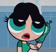 a cartoon character holding a cell phone to her ear and looking surprised at the camera