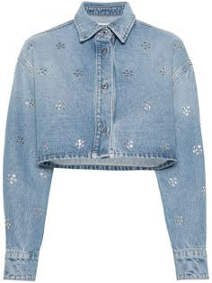 light blue cotton denim cropped all-over floral motif rhinestone embellishment classic collar drop shoulder long sleeves buttoned-cuff sleeves front button fastening Bling Denim, Denim And Diamonds, Looks Country, Simple Fall Outfits, All Over Pattern, Embellished Denim, Designer Shirts, Crop Shirt, Denim Shirt