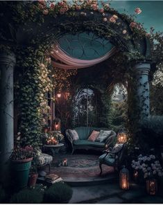 an outdoor sitting area with flowers and candles