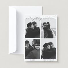 a card with four photos of two people hugging each other