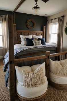 a bed room with a neatly made bed and pillows